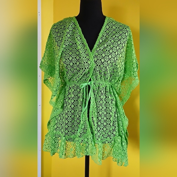 Amazing Neon Green Crochet Lace Tie-Front Cover-Up - Picture 12 of 13
